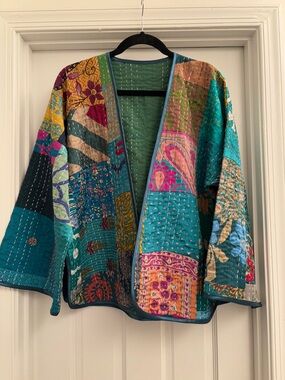 Teal Patchwork Kantha-Style Women’s Sweater Jacket